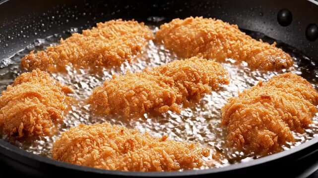 Deep Frying Crispy Breaded Chicken in Hot Oil Close Up