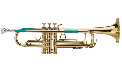 Obraz premium Golden Brass Trumpet with Teal Valves and Mouthpiece