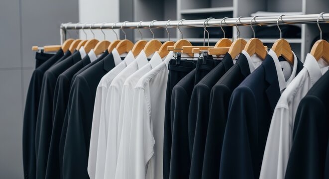 Neatly Organized Row of Formal Business Suits and Shirts Hanging on a Clothing Rack