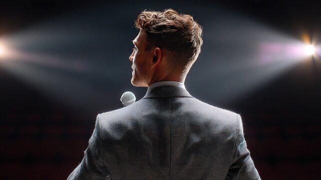 Confident Speaker on Stage: A distinguished man in a sharp suit addresses a rapt audience from a brightly lit stage, exuding confidence and charisma.