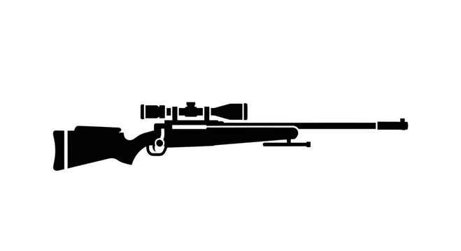 Sniper rifle silhouette with optical scope and bipod on white background flat illustration