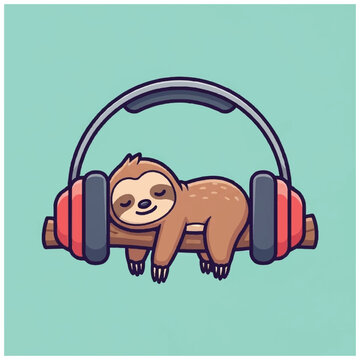 Cute Sloth Sleeping on a Barbell with Headphones.