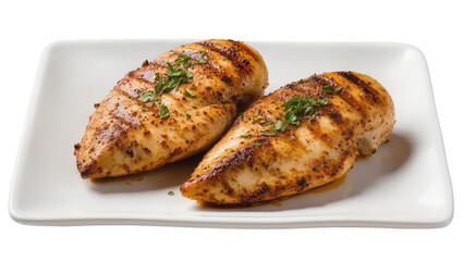 Grilled chicken breasts with herbs on white ceramic plate © Michal