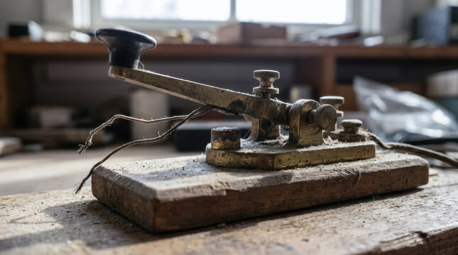 Telegraph machine antique vintage communication wire desk workshop unsubscribe service concept in nostalgic dusty telegraph machine scene