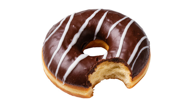 Chocolate glazed donut with white drizzle and bite mark