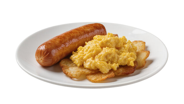Brown Sausage Scrambled Eggs, and Hash Browns on White Plate