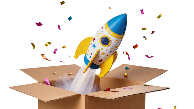 Painted Rocket Toy Launching from Open Brown Cardboard Box