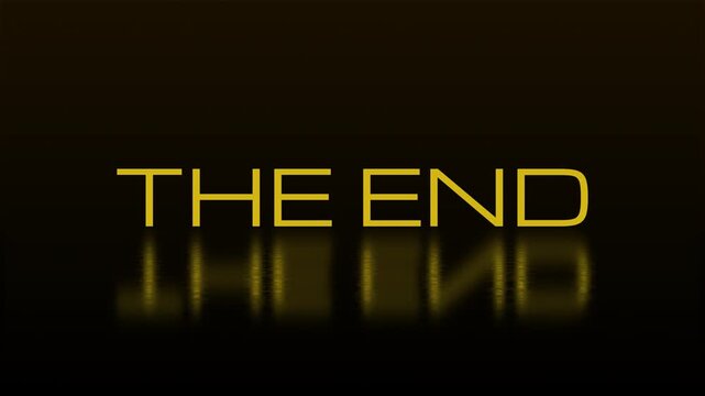 Yellow The End text with digital glitch distortion effect and reflection on dark background for game over screen movie finale or video production ending sequence