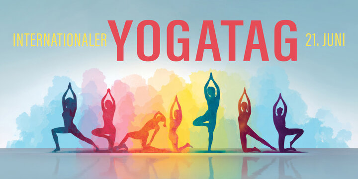 Internationaler Yogatag 2026, Illustration Banner Karte mit deutschem Text - bunte Silhouette von Frauen, in verschiedenen Yogaposen