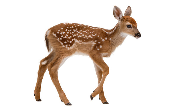 Spotted fawn standing sideways with alert ears and dark eyes