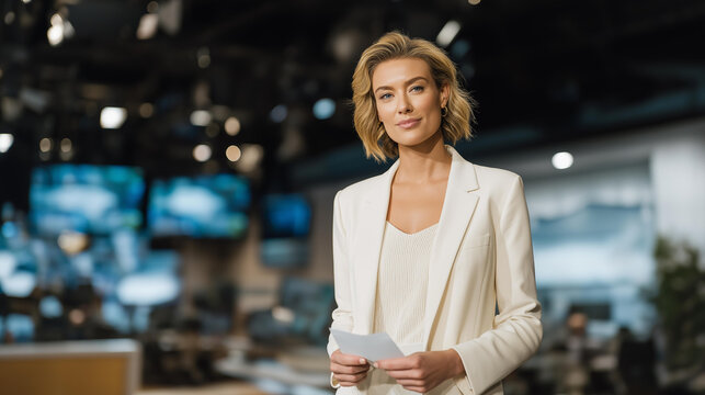 Television anchor delivering news updates, camera lens and boom microphone visible, studio filled with screens and technical setup. cinematic color correction, natural uneven lighting yet gentle