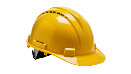 Fototapeta premium Bright yellow hard hat with ventilation holes and chin strap