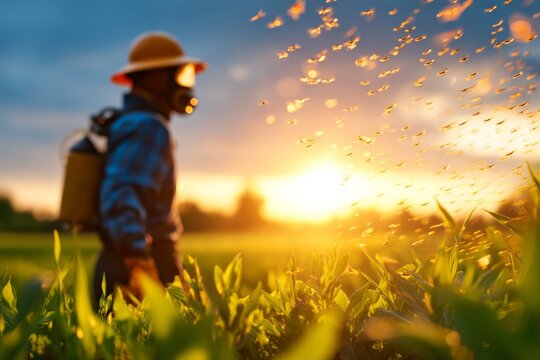 Swarm of Flying Termites in Golden Sunlight with a Dramatic Background in a Lush Field