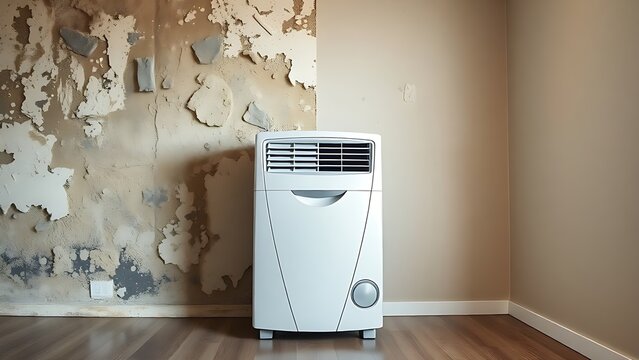 A split composition of a dry wall and a moldy surface with a dehumidifier in the center.