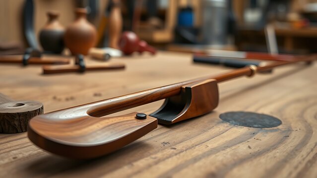 Violin bow on luthier's workbench with smooth pernambuco wood grain.
