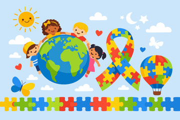 Naklejka premium World Autism Awareness Day Banner with Diverse Children Holding Hands Around the Globe, Puzzle Ribbon, and Hot Air Balloon. Flat Vector Illustration for Autism Acceptance and Global Support.