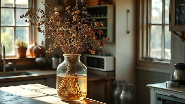 A large glass vase with dried flowers in a sunlit old kitchen.