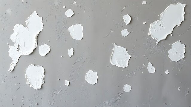 A textured grey wall with patches of white spackle in various drying stages.