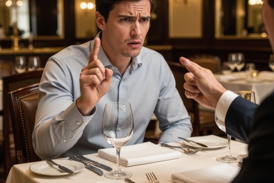 Man arguing at a formal restaurant table gesturing while another person points
