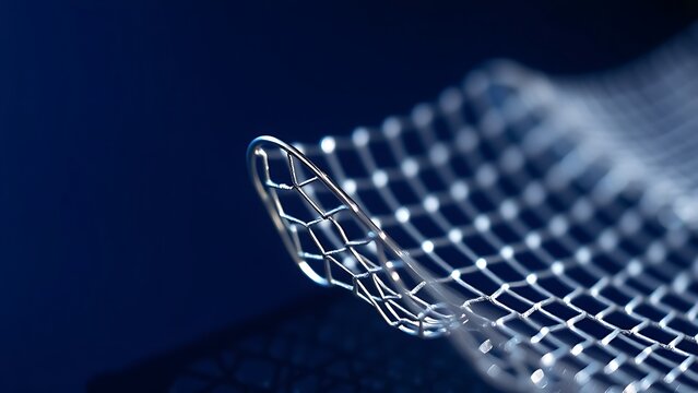 Ultra-fine metallic mesh stent showing intricate lattice on dark blue background.