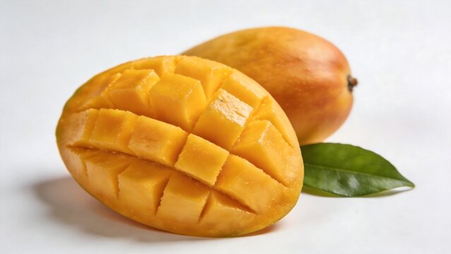 Mango fruit with leaf on white background