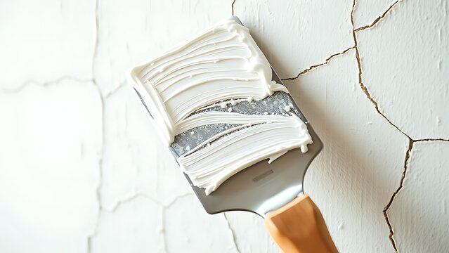 A putty knife with wet spackle against a cracked wall, soft light on texture.