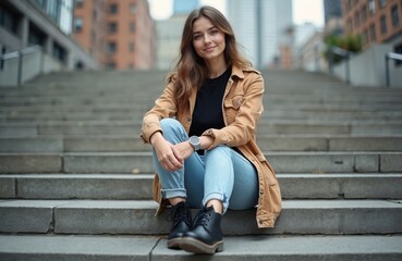 Fototapeta premium Young woman smiles sitting on city stairs. She wears jeans and a jacket. Casual attire, modern urban backdrop. She looks happy and relaxed on a sunny day outdoors. She uses a smartphone.