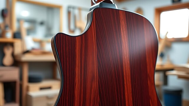 Polished padauk wood guitar backplate with intricate grain in a woodworking studio.