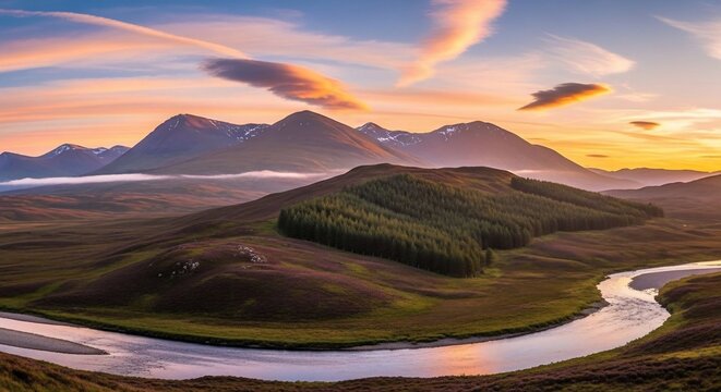 Serene Mountain River Landscape at Sunset