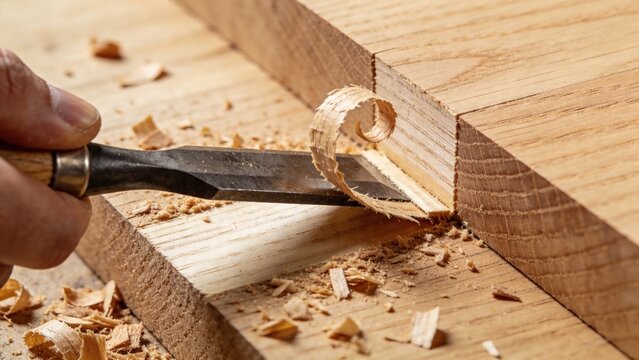 A close-up of a hand using a chisel on a wooden surface. Shavings of wood scatter around, showcasing the craftsmanship involved in woodworking.