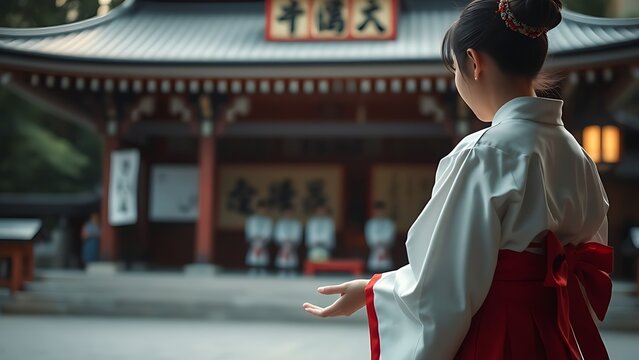 A shrine maiden in white and scarlet performs a ritual before a Shinto shrine.