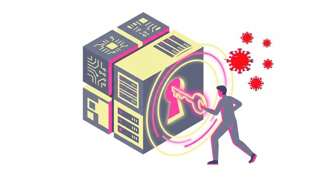 Abstract man using glowing key to unlock secure server data cube protecting from computer virus malware representing cybersecurity concept vector illustration