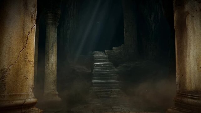 Tracking shot dolly forward toward ancient stone columns revealing staircase descending into underground cavern crypt with light shafts and fog