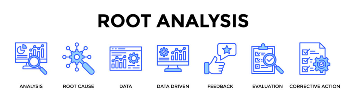 Root Analysis  Banner Web  Icon Set Collection Pack Vector Illustration Concept Containing Analysis, Root Cause, Data, Data Driven, Feedback, Evaluation, Corrective Action