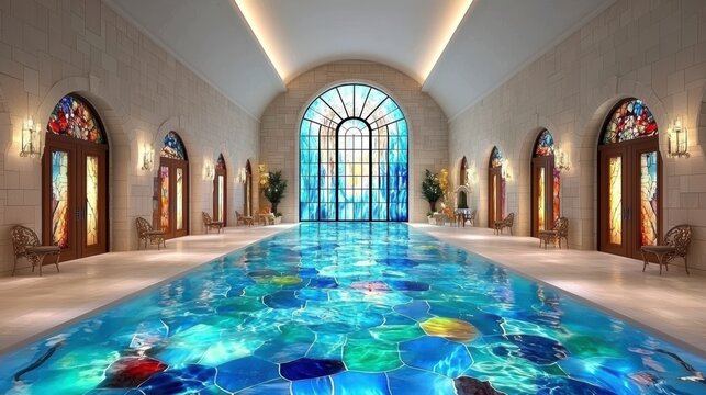 Luxurious Indoor Pool with Grand Stained Glass Architecture and Mosaic Water Design