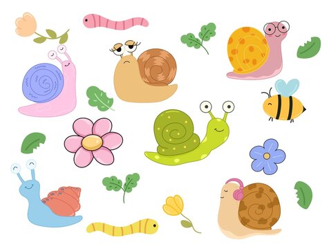 Cute cartoon snails and garden insects set. Illustration of funny snail characters with shells, headphones, glasses, bees, worms and flowers isolated on white. Kawaii garden bugs clipart