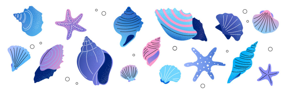 Set of colorful cartoon sea shells and starfish in various shapes and colors, isolated. For scrapbooking, summer, sea, ocean, beach, vacation, tropical, card design. Flat vector. Hand drawn items.