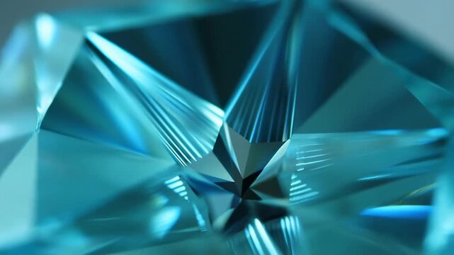 Slow motion push in macro shot of faceted gemstone rotating on reflective surface under teal studio lighting