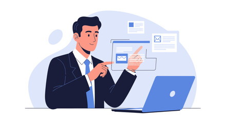 Fototapeta premium Businessman interacting with digital interface, data analysis, laptop, modern office concept