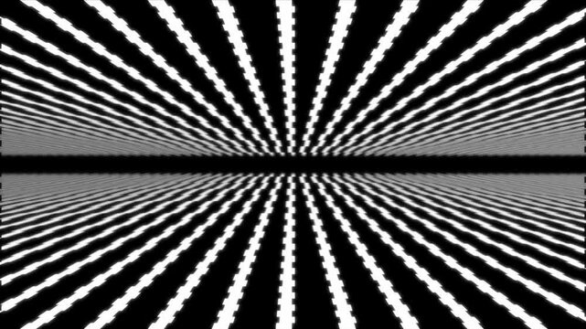 Abstract Black and White Hypnotic Geometric Perspective with Jagged Radiating Lines and Central Vanishing Point Seamless VJ Loop Optical Illusion Pattern Background
