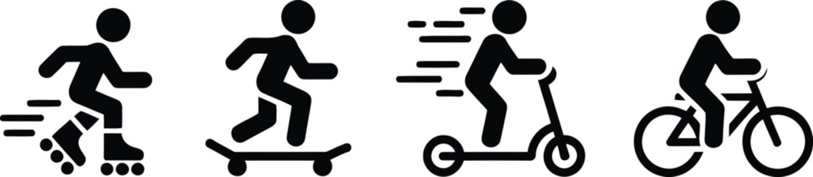 Black silhouette icons of individuals actively enjoying various urban wheeled sports and outdoor recreation activities