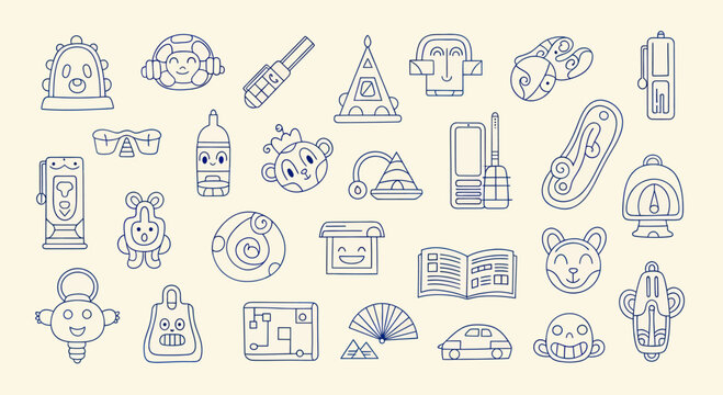 Collection of various doodle icons and symbols in a minimalist line art style.