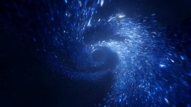 Tracking shot of glowing blue particle vortex spiraling into dark cosmic tunnel in deep space void with swirling stars and luminous particles