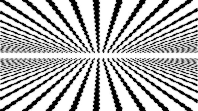 Abstract Black and White Radial Lines with Jagged Texture Radiating to a Horizontal Vanishing Point, Seamless Op-Art Background for Motion Design