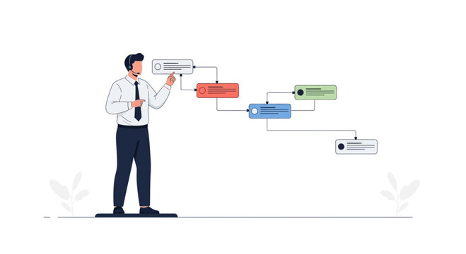 Businessman presenting flowchart with steps and connections, illustrating business process