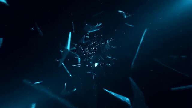 Slow motion tracking shot of glass shards exploding and scattering in dark studio space with floating reflective fragments under teal cinematic lighting