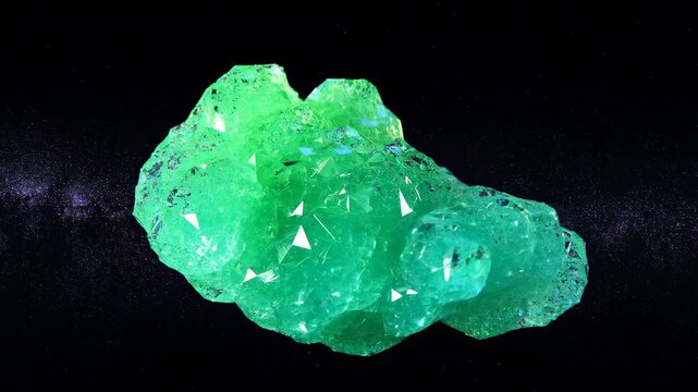 Orbiting macro shot of green crystal cluster rotating slowly in close up against starry space background with reflective facets visible