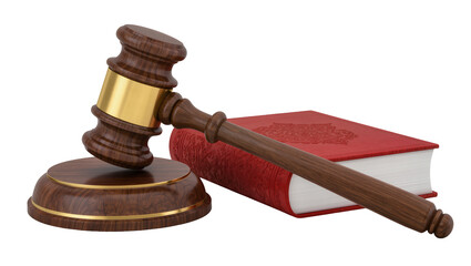 Wooden gavel resting on thick legal book with gold band
