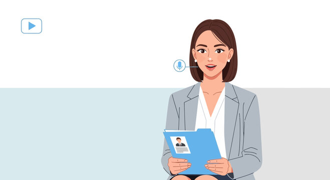 Businesswoman with Microphone Icon and Resume Folder, Online Interview Concept