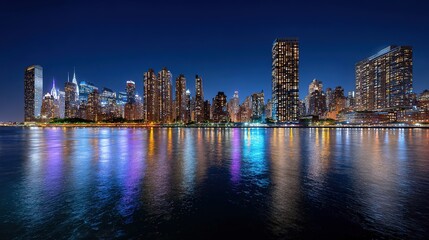 Fototapeta premium Urban Nocturne: A breathtaking panoramic view of a modern cityscape illuminated at dusk, its lights shimmering and dancing upon the tranquil water.